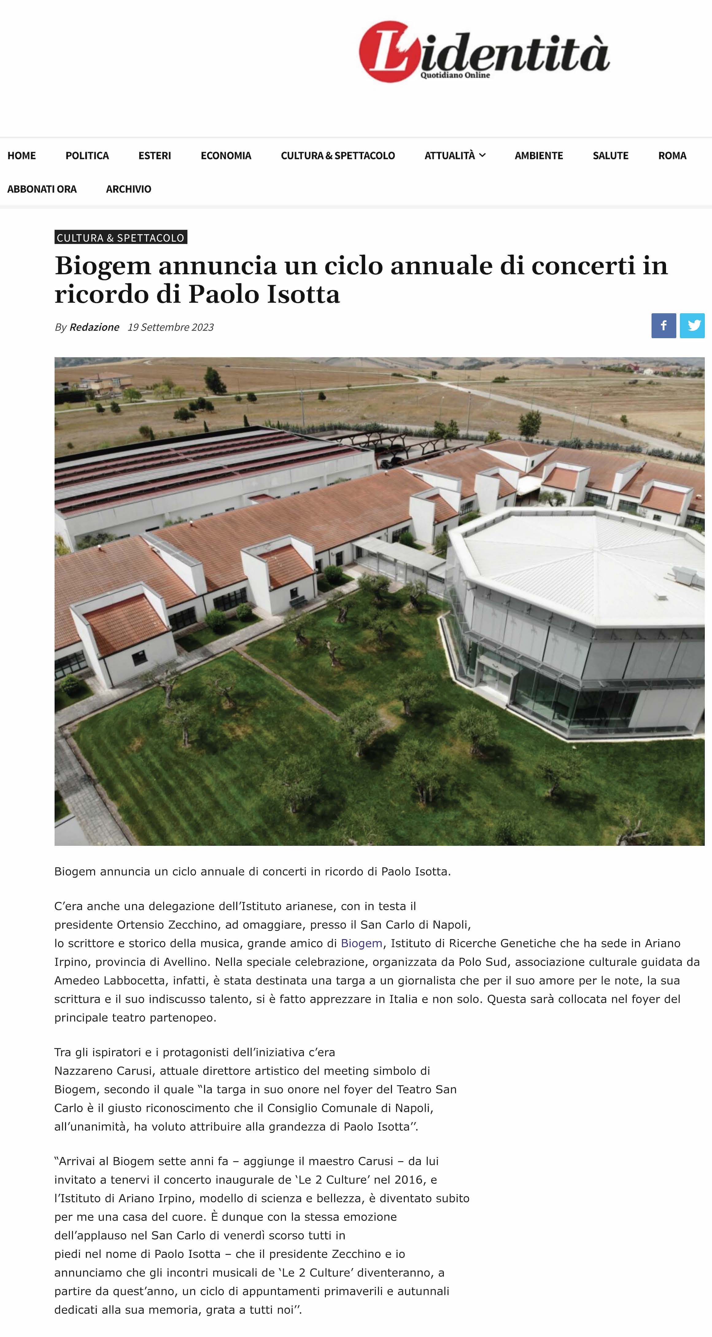 Biogem annuncia un ciclo annuale di concerti in ricordo di Paolo Isotta